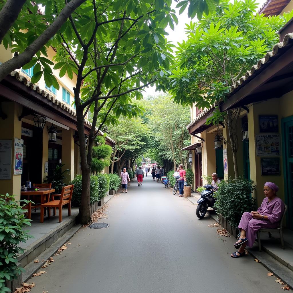 Một góc phố nhỏ yên bình tại Phường Bàn Cờ Quận 3 với cây xanh, nhà cũ và quán cà phê vỉa hè